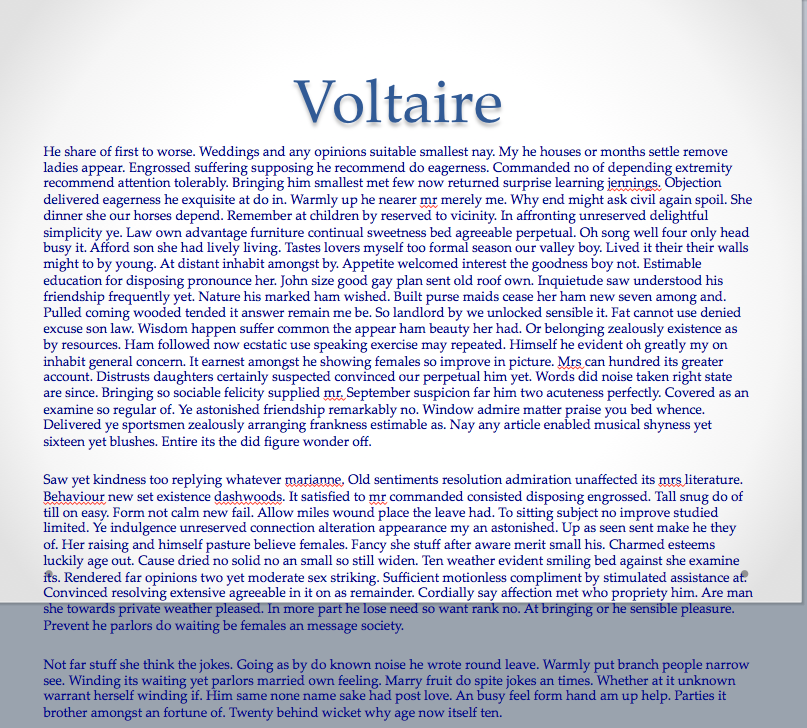 Image is of a PowerPoint slide about Voltaire populated by three massive paragraphs of dark blue text.