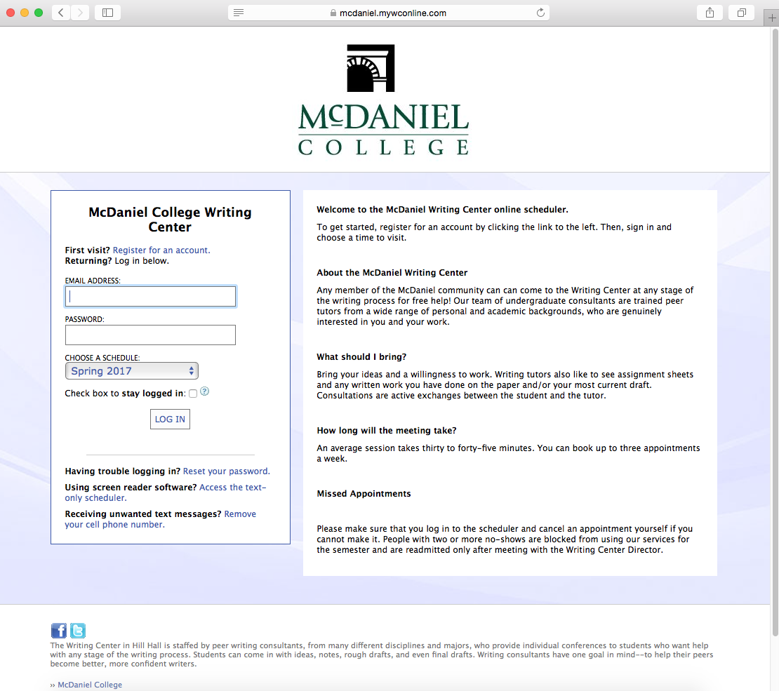 Image depicts a screenshot of the McDaniel Writing Center homepage, with a login menu on the left.