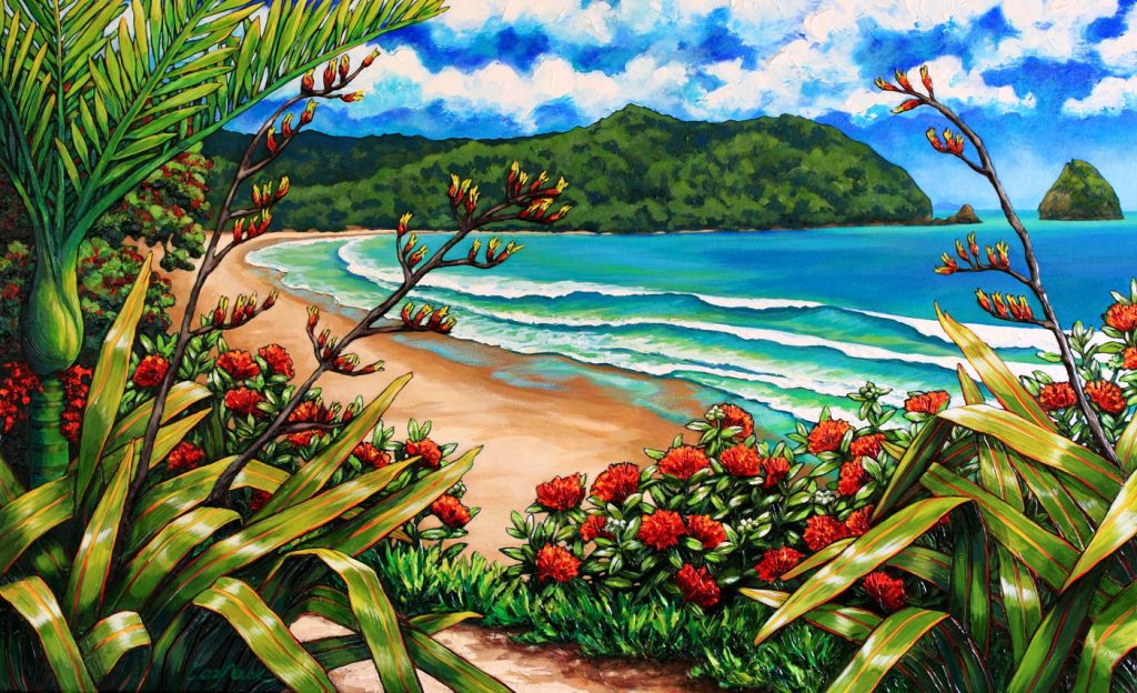 Painting of New Chums beach, New Zealand   